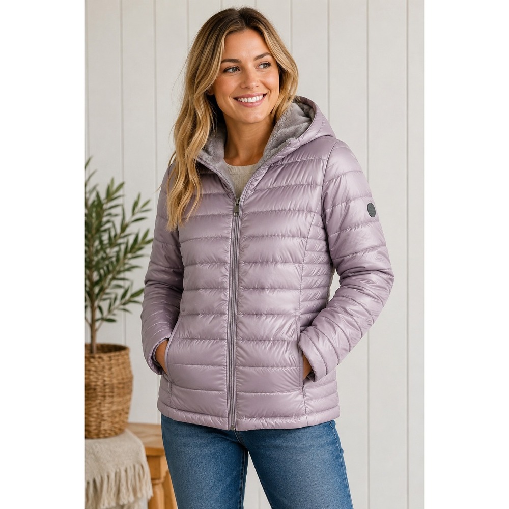 Andrew Marc Women's XXL Lavender Quilted Puffer Jacket Faux Fur Lined Hood Coat